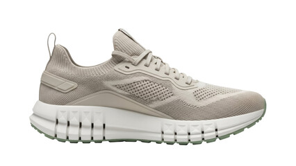 Isolated beige running shoe is stylish, durable, offering comfort during workouts and casual activities