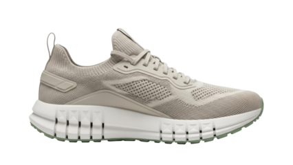 Isolated beige running shoe is stylish, durable, offering comfort during workouts and casual activities