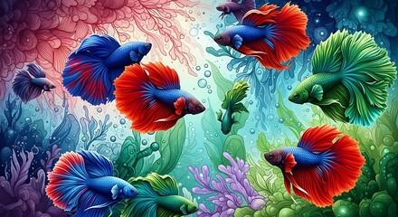 A mesmerizing underwater world teeming with vibrant betta fish and colorful coral reefs creating a