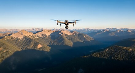 A modern camera drone captures stunning aerial footage above breathtaking mountain ranges and