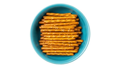 Isolated crunchy salted pretzel sticks in a turquoise bowl snack for children and adults