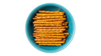 Isolated crunchy salted pretzel sticks in a turquoise bowl snack for children and adults
