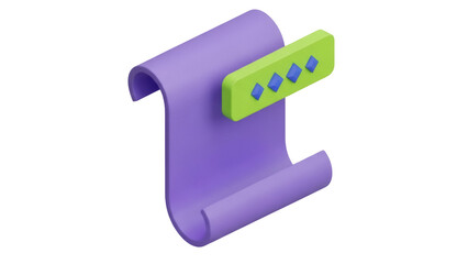 Isolated 3D rendering of purple scroll with lime green and blue diamond accent on top right