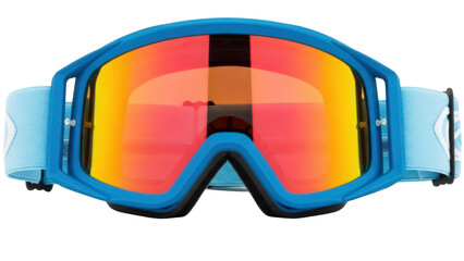 Isolated blue frame ski goggles with orange mirrored lenses for winter sports gear
