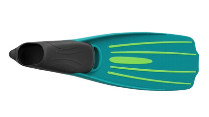 Isolated teal blue short swim fin with lime green accents for diving or snorkeling activity