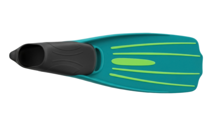 Isolated teal blue short swim fin with lime green accents for diving or snorkeling activity