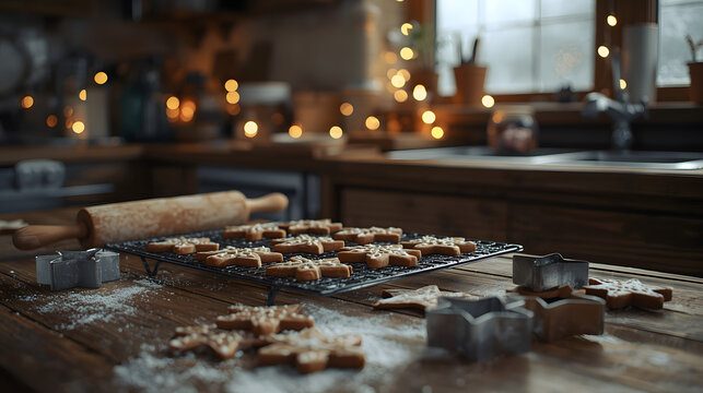 A cozy winter kitchen scene with freshly baked gingerbread cookies cooling on a wooden table, flour-dusted countertop, rolling pin, star-shaped cookie cutters, glass jars with spices