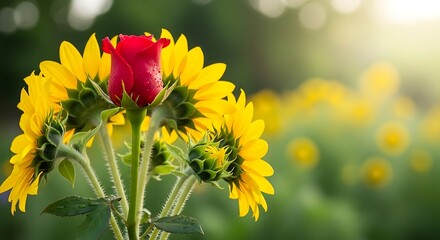 A vibrant red rose bud stands out among golden sunflowers in a sun-drenched garden with dew drops