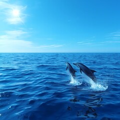 Naklejka premium Dolphins while jumping in the sea during the summer season.