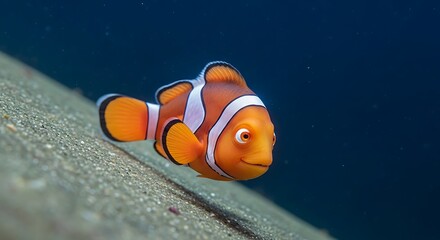 A vibrant orange clownfish smiling happily near the sandy ocean floor in clear blue water
