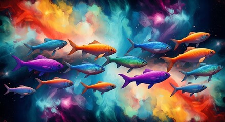 A vibrant school of multicolored fish swimming gracefully through an ethereal cosmic wonderland