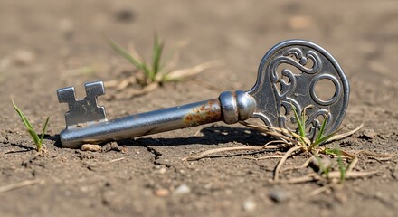 A vintage ornate skeleton key lying on dry cracked earth amidst sparse green blades of grass
