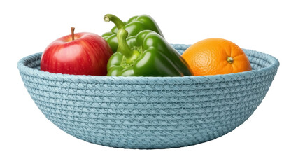 Isolated fruit bowl with healthy fresh apple, green bell peppers, and orange citrus fruit