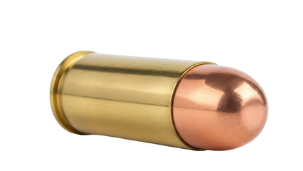 Isolated pistol ammunition on neutral surface, bullet, metallic cartridge, copper projectile