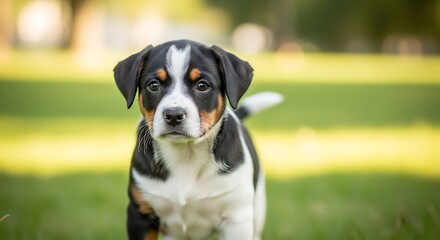 Adorable tricolor puppy in a vibrant green park on a sunny day looking curiously at the camera