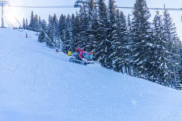 Fototapeta premium A professional red snow grooming machine (snowcat) leveling fresh snow on a ski slope surrounded by a pine forest in the Low Tatras, Slovakia.