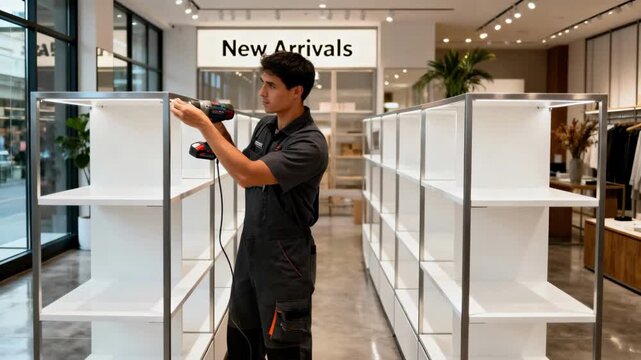 Medium shot of professional installer assembling sleek storage units in a stylish retail store for optimal product display.