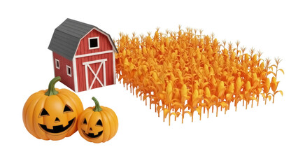 Isolated Autumn scene, barn, cornfield, and jack-o'-lantern pumpkins, seasonal elements