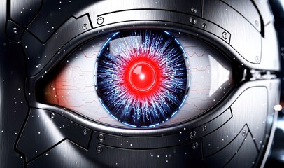 A futuristic robotic eye with a glowing red center and metallic surroundings