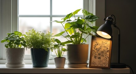 Assortment of vibrant potted houseplants on a sunlit windowsill with a cozy desk lamp illumination