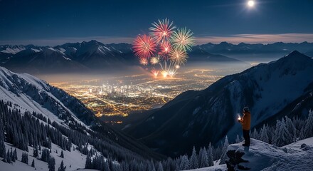 Awe-inspiring Winter Celebration: Fireworks Exploding Over a Mountain City Under a Full Moon Night