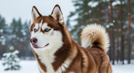 Beautiful brown and white husky with bright blue eyes in a peaceful snowy winter forest