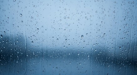 Beautiful close-up of clear rain droplets streaming down a window pane on a moody day
