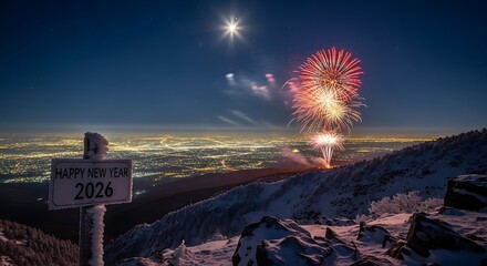 Breathtaking New Year 2026 celebration over a glittering city skyline from a snowy mountain peak