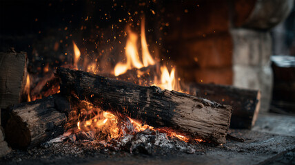 暖炉で薪が燃える火の粉が舞う接写