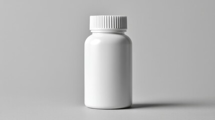 A plain white plastic bottle without any labels stands against a simple grey backdrop.