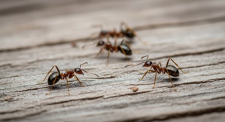 Close-up macro view of a group of ants foraging on a weathered wooden surface outdoors exploring
