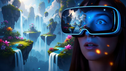 Woman experiencing virtual reality with vibrant fantasy landscape