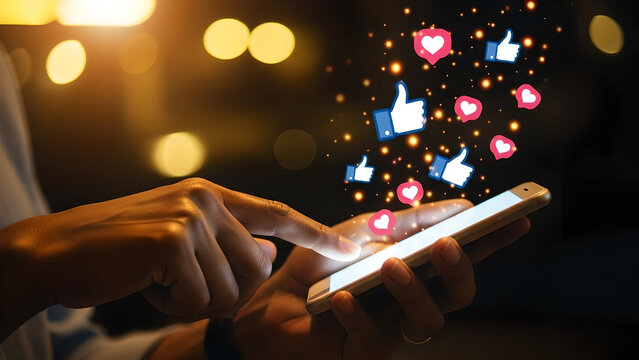 Close-up a Hand of a woman hold a smartphone, socual media concept with floating like love thumbs up icon on air