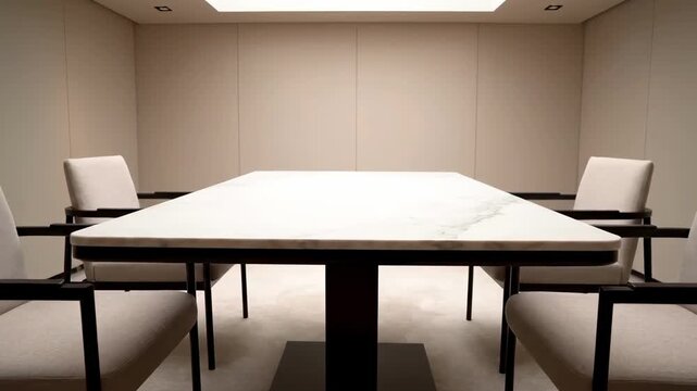Minimalist modern meeting room interior with marble table and beige chairs under skylight