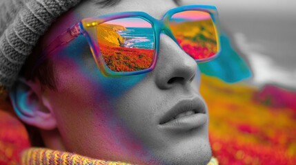 Man in sunglasses with colorful reflection of landscape outdoors
