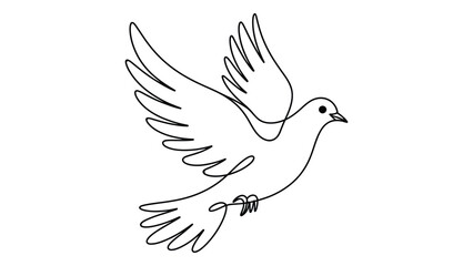 Fototapeta premium Minimal flying dove line art illustration in black and white style showing peace bird with open wings for freedom, hope, spirituality, harmony and symbolic concept design 