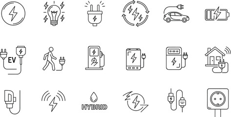Fototapeta premium Electric vehicle charging and energy line icons set with EV, battery, plug, power and sustainable electricity symbols
