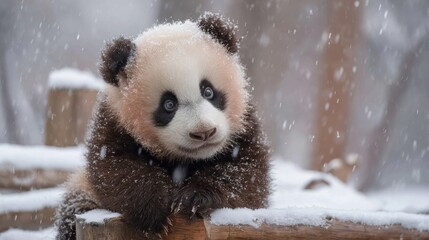 Adorable giant panda cub in snowfall wildlife portrait in winter
