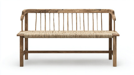 Rustic Natural Wood Bench on White Background