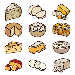 Colored Line Art Icon Set of Various Cheeses