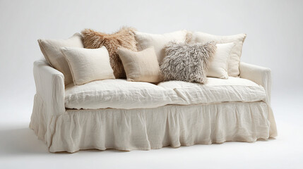 Isolated Shabby Chic Beige Linen Sofa on White Background