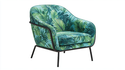 Isolated Modern Green Patterned Fabric Armchair on White Background