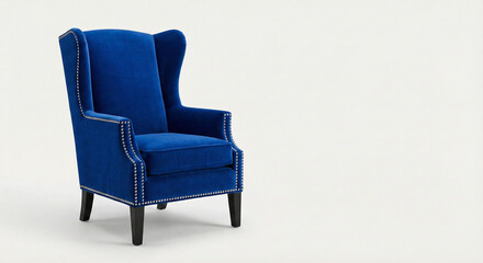 Isolated Traditional Blue Velvet Armchair on White Background