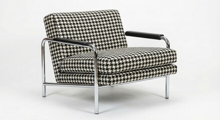 Isolated Mid-Century Modern Black and White Fabric Armchair on White Background