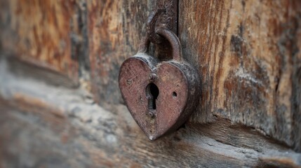 Rusty heart-shaped padlock on weathered wood, close-up revealing aged texture, patina, and vintage charm.