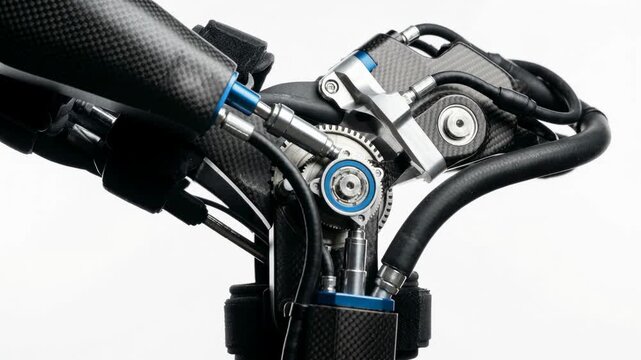 Carbon fiber robotic arm joint with exposed hydraulic components and cables in close detail. Metal connectors and actuators sit beside flexible hoses. Clean white background separates the assembly for