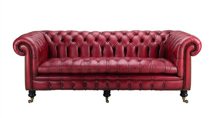 Victorian Red Leather Sofa on White Background