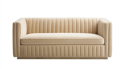 Isolated Art Deco Beige Velvet Sofa on White Background