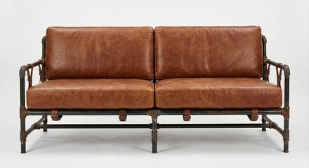 Industrial Brown Leather Sofa on White Background