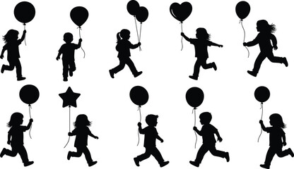 Obraz premium Children running with balloons, silhouette vector set, playful kids, celebration moment, black graphic, childhood joy, festive illustration, stock art